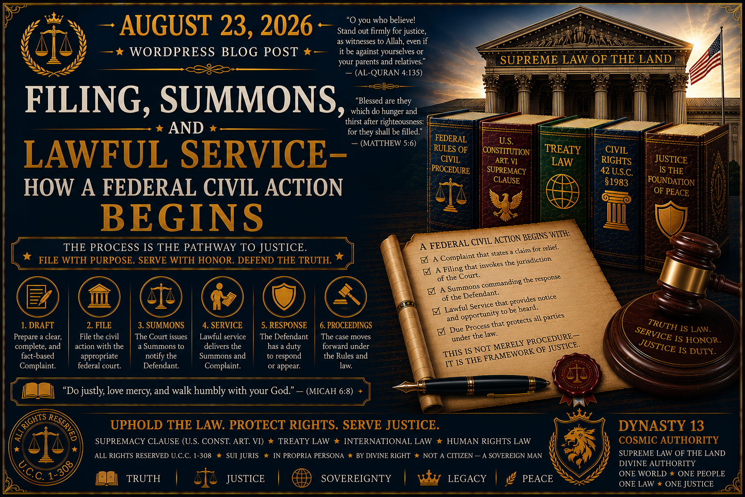 August 23, 2026 | Filing, Summons, and Lawful Service: How a Federal Civil Action Begins.